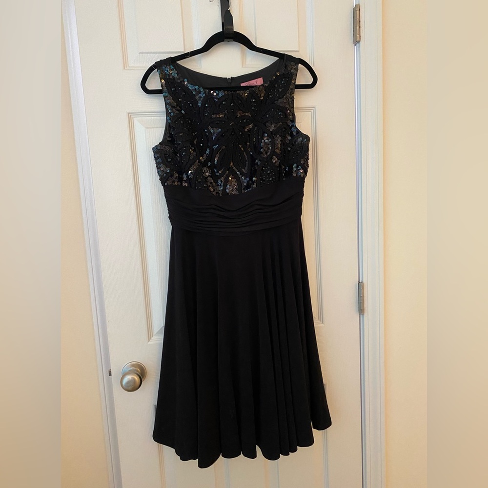 Black beaded cocktail dress.